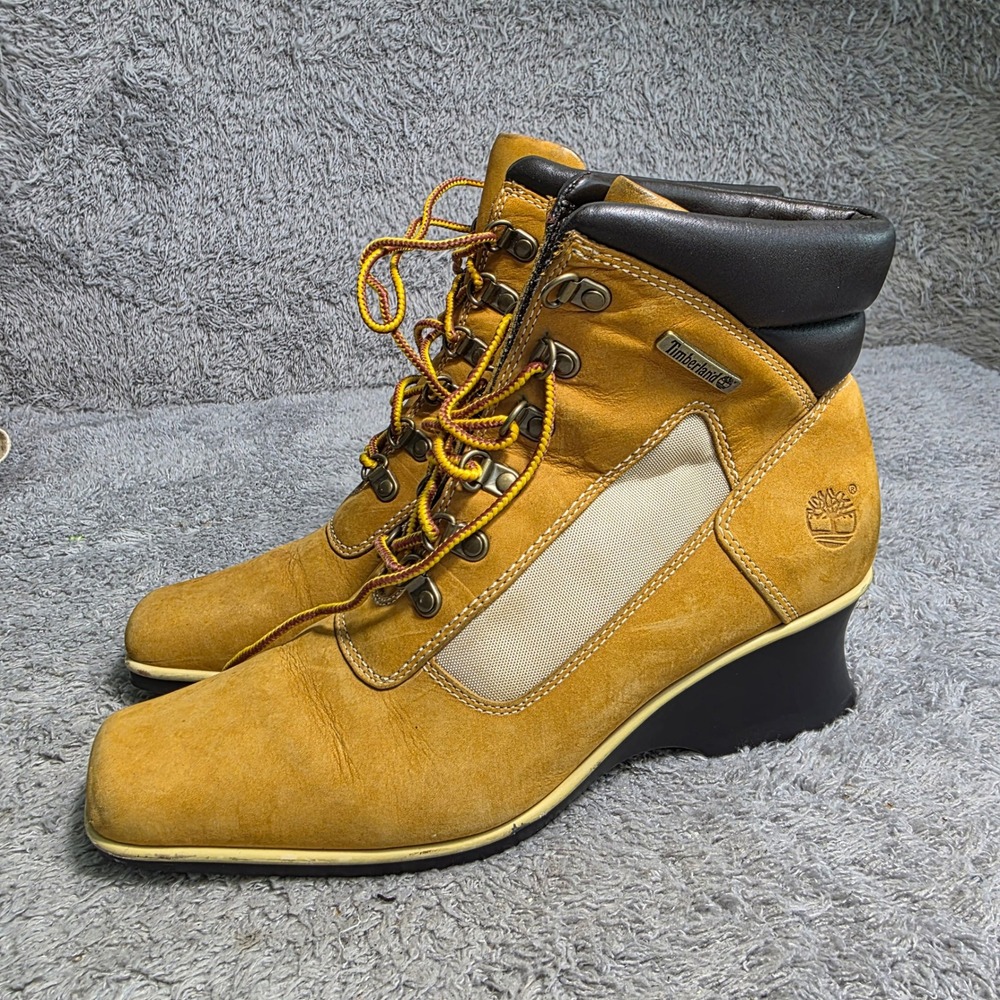 Timberland Wedge Heel Boots Wheat Tan Nubuck Leather Square Toe Womens 7.5M